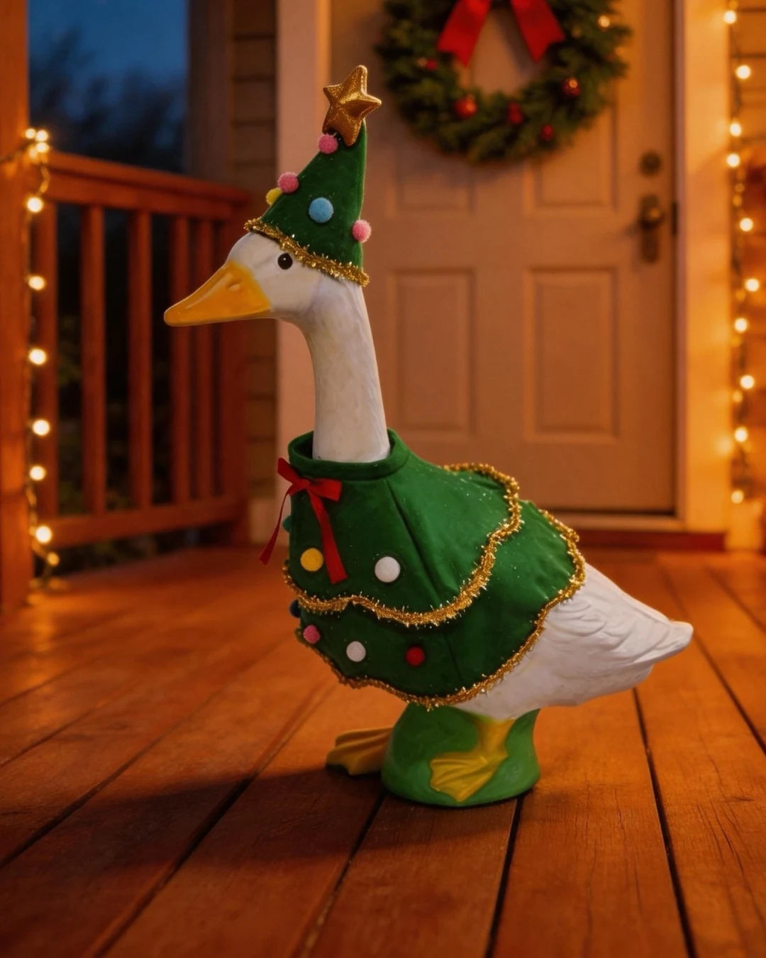 Porch goose wearing a green Christmas tree outfit
