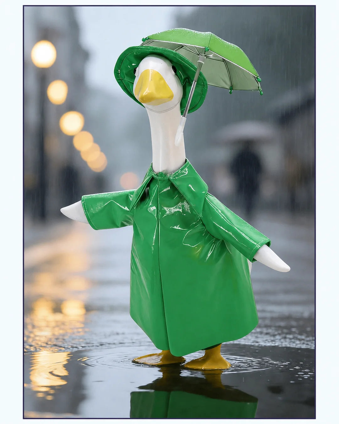 Porch goose in a glossy green raincoat and umbrella hat