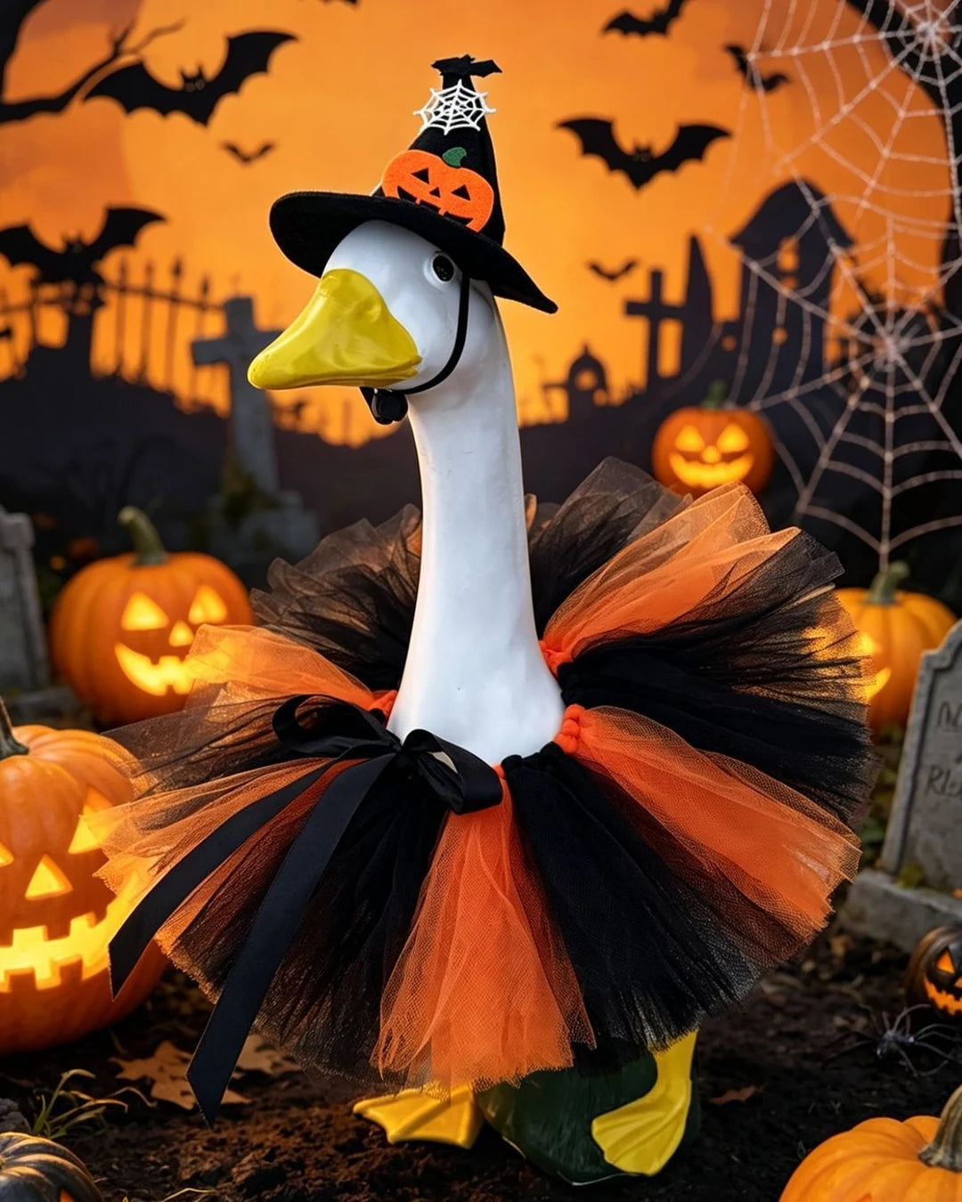Porch goose in an orange and black Halloween tutu