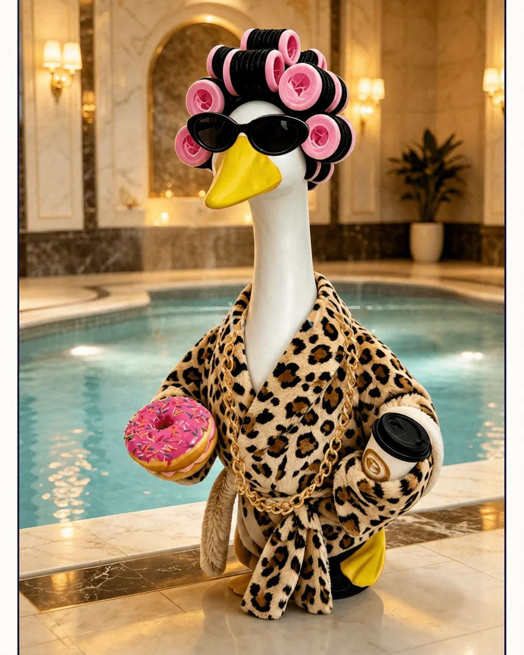 Porch goose in a leopard spa robe with rollers and coffee