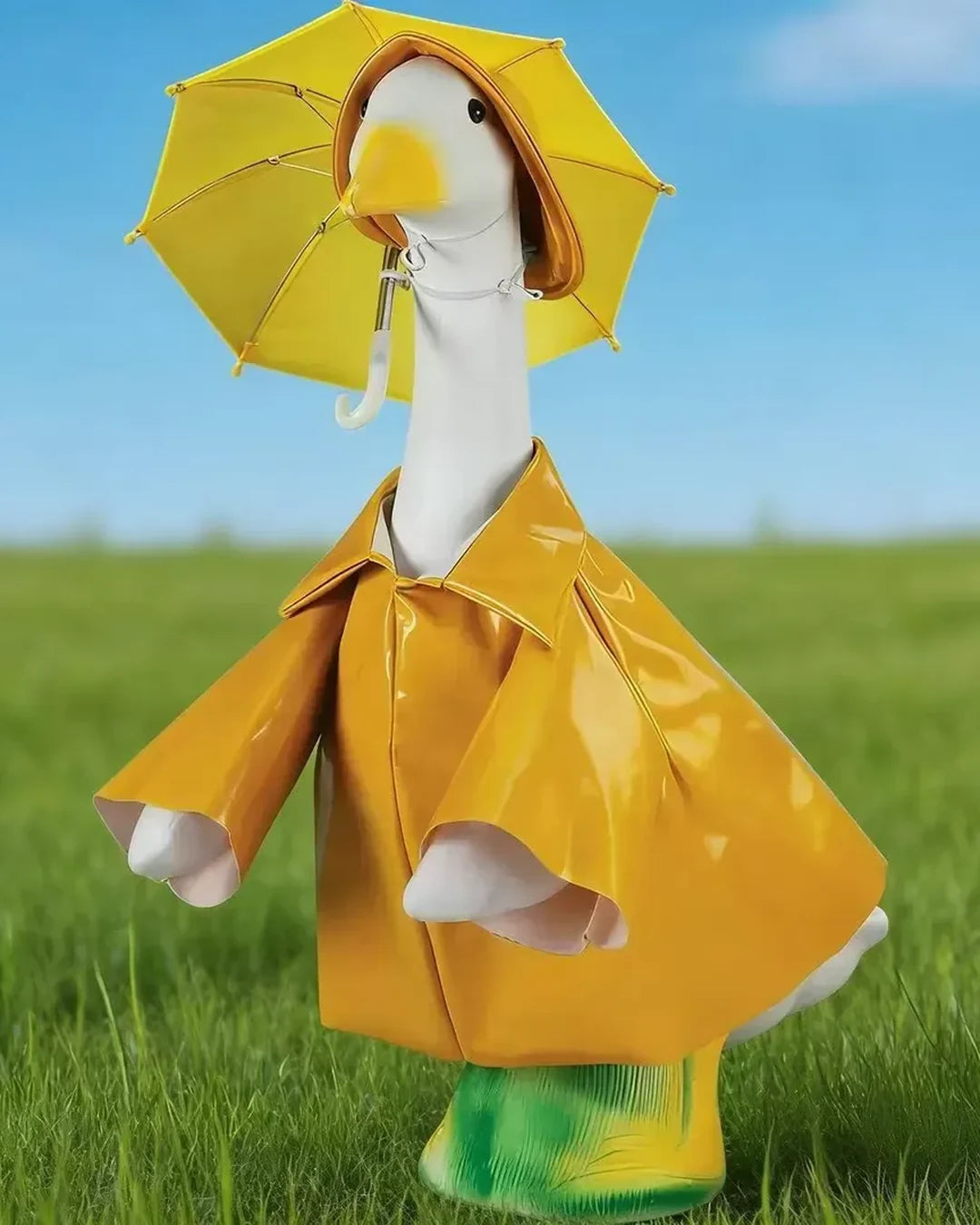 Porch goose wearing a bright yellow raincoat and umbrella hat