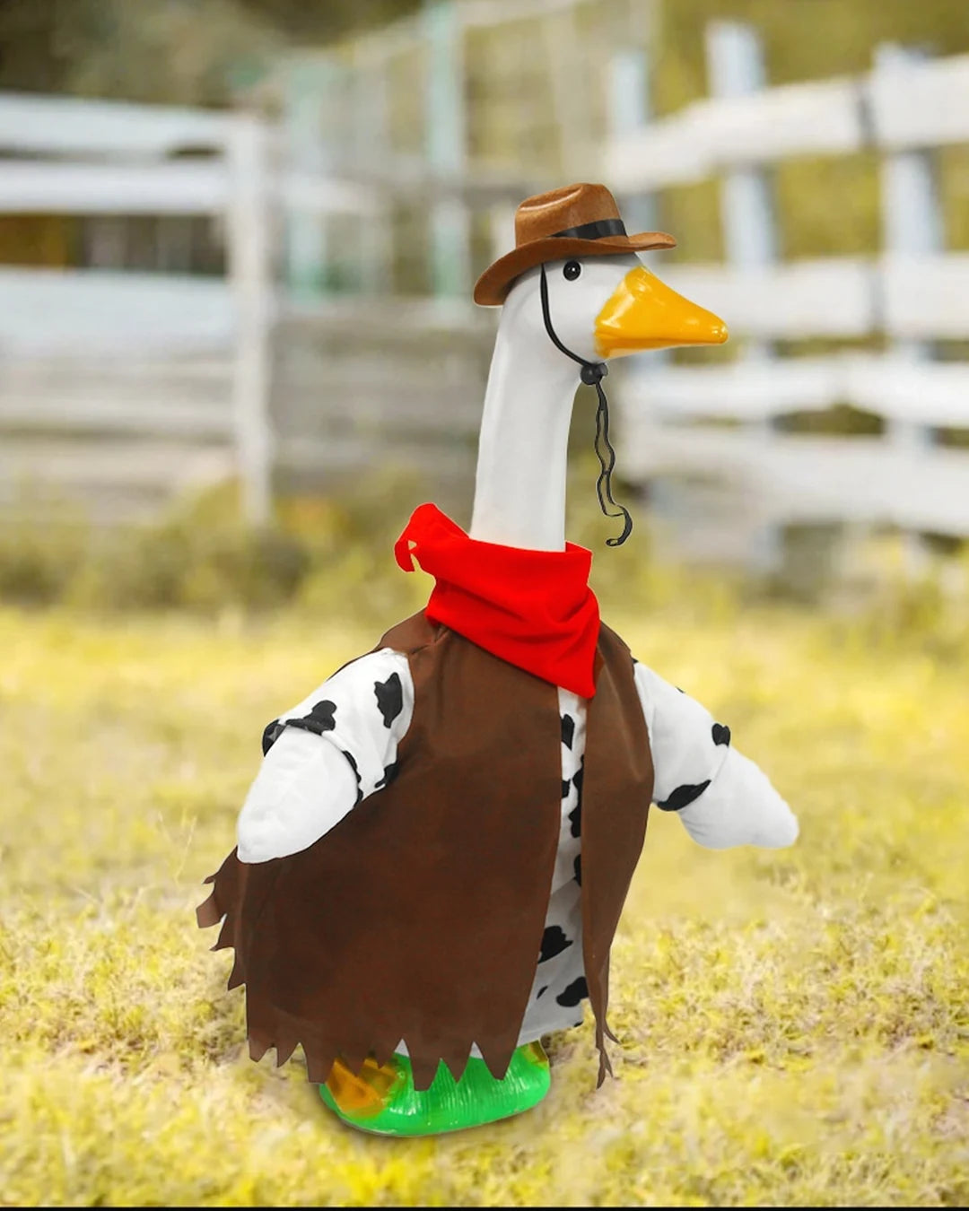Porch goose wearing a western cowboy costume